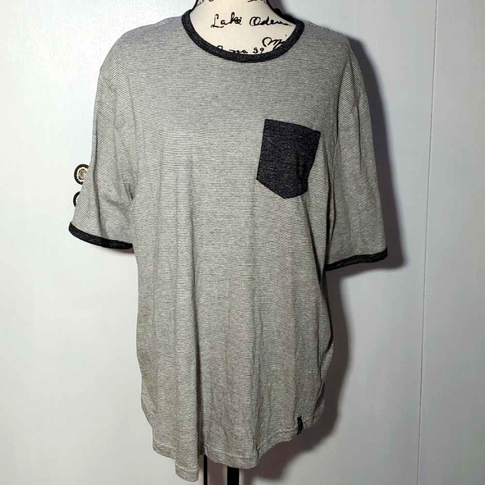 Premium Xpression| Gray/White Pinstripe Short Sleeve Shirt Black Trim Edgy XL